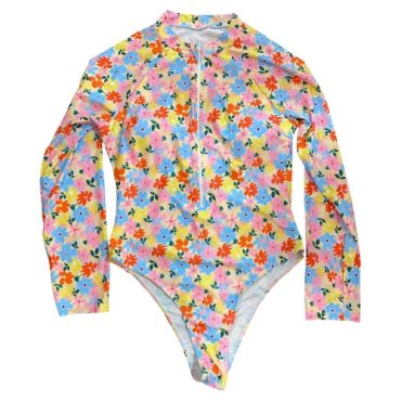 Traje de baño entero manga larga amarillo con flores
