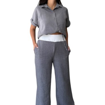 Conjunto Gris Pretina Blanca