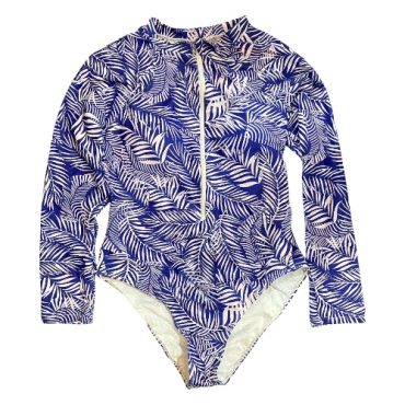 Traje de baño entero manga larga azul hojas palma blanca