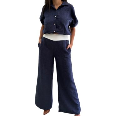 Conjunto Azul Botones Pretina Blanca