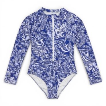 Traje de baño entero manga larga azul hojas palma blanca