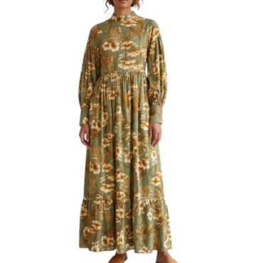 Vestido Verde Estampado Cuello Alto