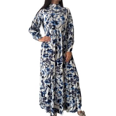 Vestido Azul Estampado Cuello Alto