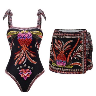 Traje de Baño entero negro estampado con falda