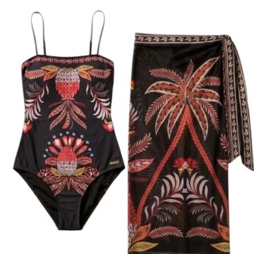 Traje de Baño entero negro estampado con pareo