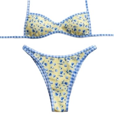 Traje de baño amarillo flores azul