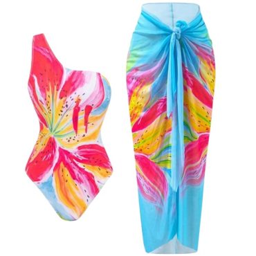 Traje de baño entero flor fucsia con azul y pareo
