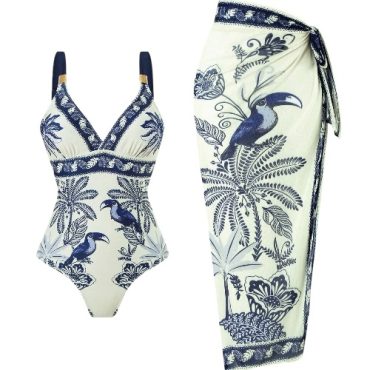 Traje de baño entero estampado tucan con pareo
