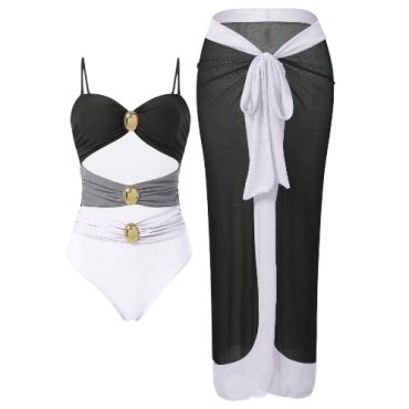 Traje de baño entero negro y blanco con pareo