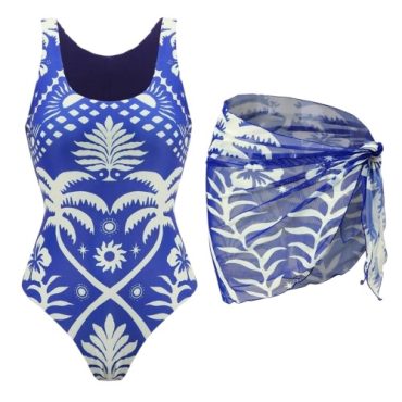 Traje de baño entero azul reversible con pareo