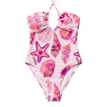 Traje de baño entero rosa estampado marino